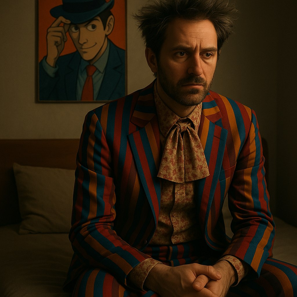 Foto realistica dello stesso soggetto con faccia seria seduto sul letto. Sul muro il poster di Lupin dei fumetti