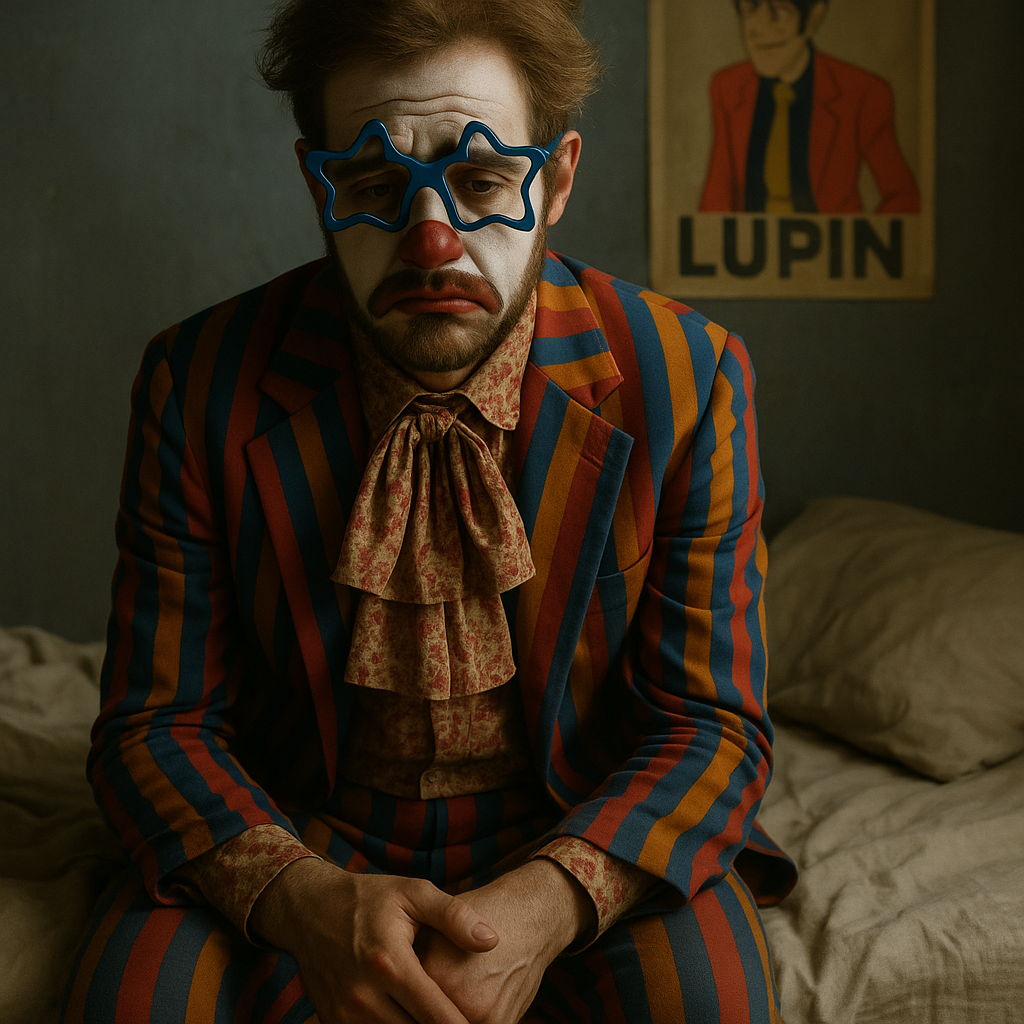 Foto realistica dello stesso soggetto triste seduto sul letto. Sul muro il poster di Lupin dei fumetti