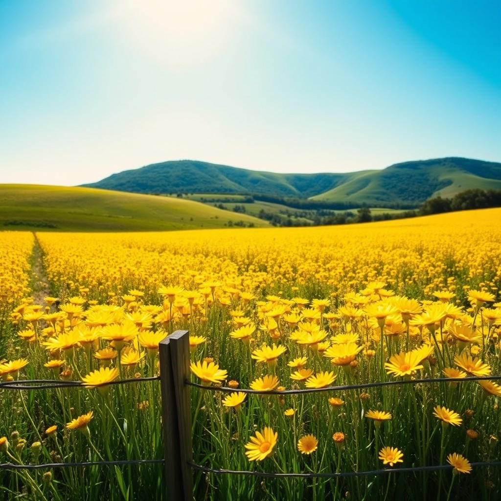 A vibrant, sunny landscape featuring a field of bright yellow flowers under a clear blue sky
