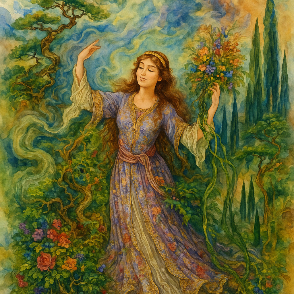 surrounded by swirling, vibrant colors that evoke a sense of movement and light in Mystical and spiritual watercolor painting of a full body in a swirl of intertwining smoke clouds and flowers and dense vines and asymmetrical bonsai, a fitness beautiful smiling mystical angel in a long(in....) , colorful and intricate, traditional silk dress, a dreamy and mystical painting in a palace garden, winding bonsai trees and winding trees and vines and cypress trees are intertwined. All the elements are intertwined like a cloud warp and woof
A mystical and spiritually meandering miniature watercolor painting, a young Persian woman in traditional dress is depicted in a dynamic and flowing pose in a vibrant and fantastical landscape in sea