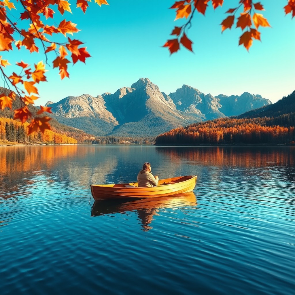 A serene landscape featuring a tranquil lake surrounded by towering mountains under a bright blue sky