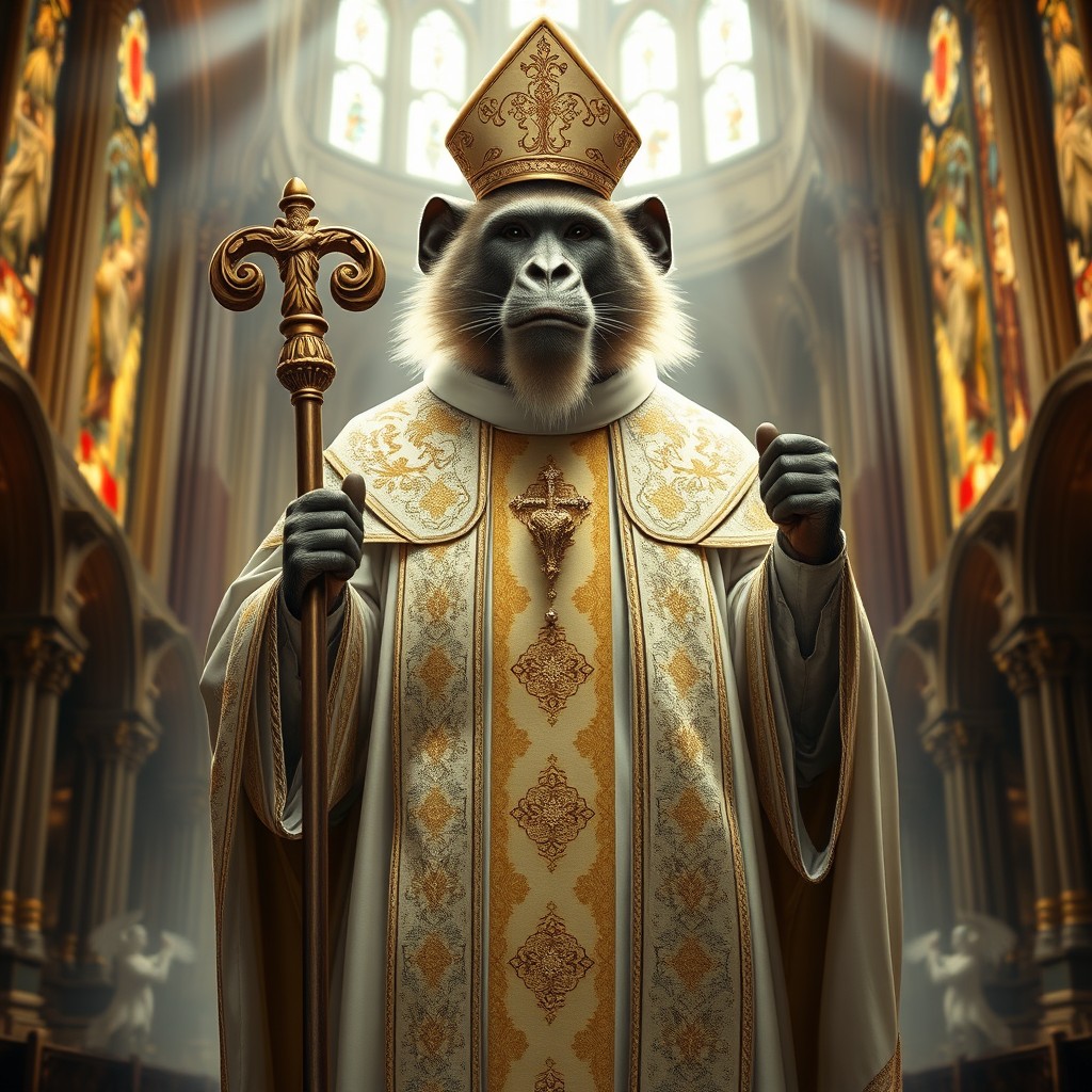 An epic portrayal of a baboon-like figure dressed in majestic papal robes, complete with a richly detailed gold and white cassock adorned with intricate patterns