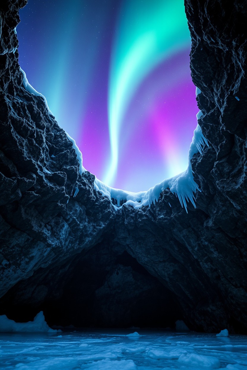 A dramatic rocky cave entrance beautifully surrounded by shimmering ice, capturing the essence of a winter wonderland