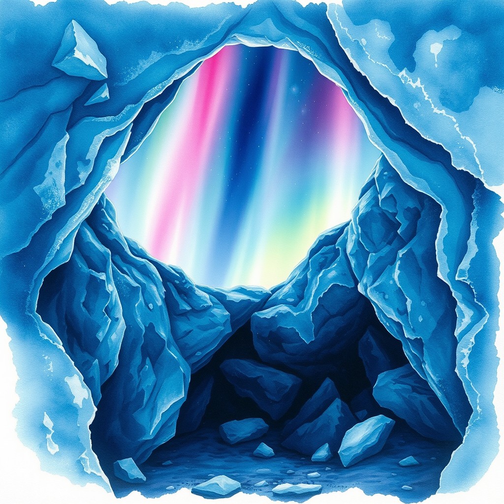 A stunning watercolor painting of a rocky cave entrance surrounded by glistening ice, with the vibrant colors of the aurora borealis illuminating the night sky