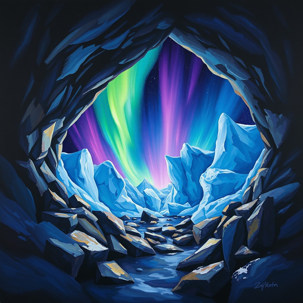 An abstract painting depicting a rocky cave entrance surrounded by brilliant ice formations, illuminated by the mesmerizing colors of the aurora borealis in the night sky