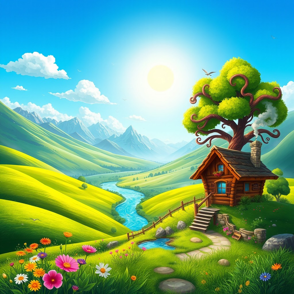 A vibrant, 2D digital illustration of a fantasy landscape featuring a lush green valley with rolling hills, a sparkling blue river winding through it, and a bright sun shining in a clear blue sky
