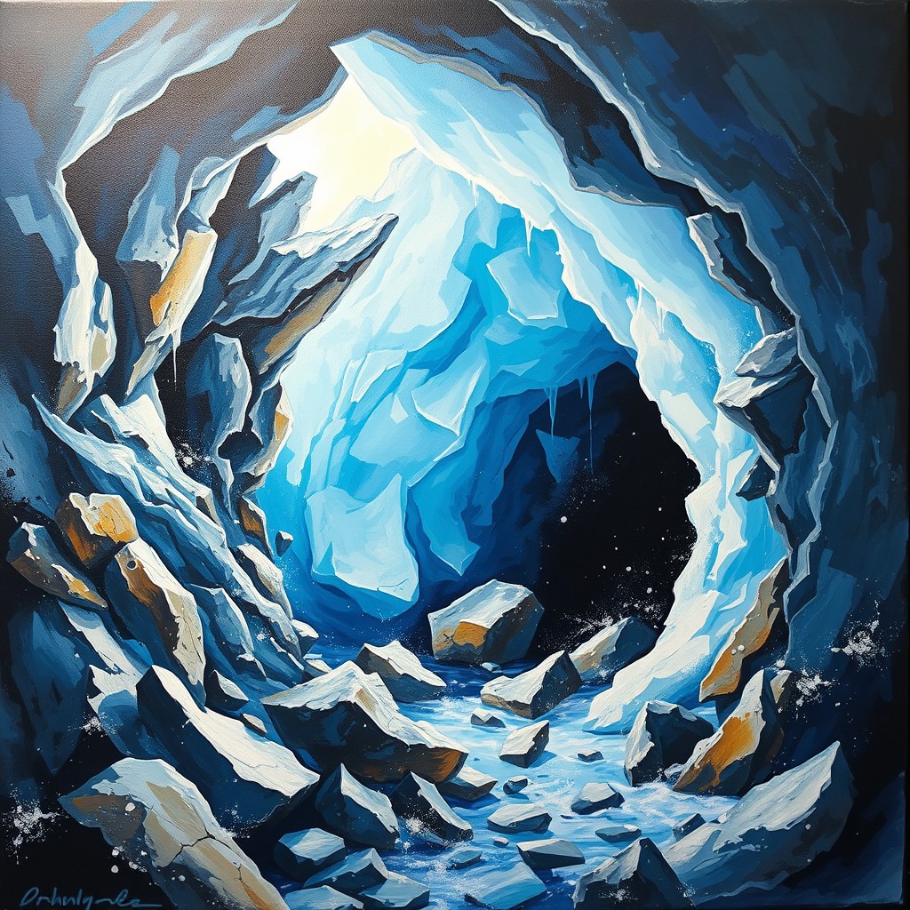 An abstract painting depicting a rocky cave entrance surrounded by shimmering blue ice