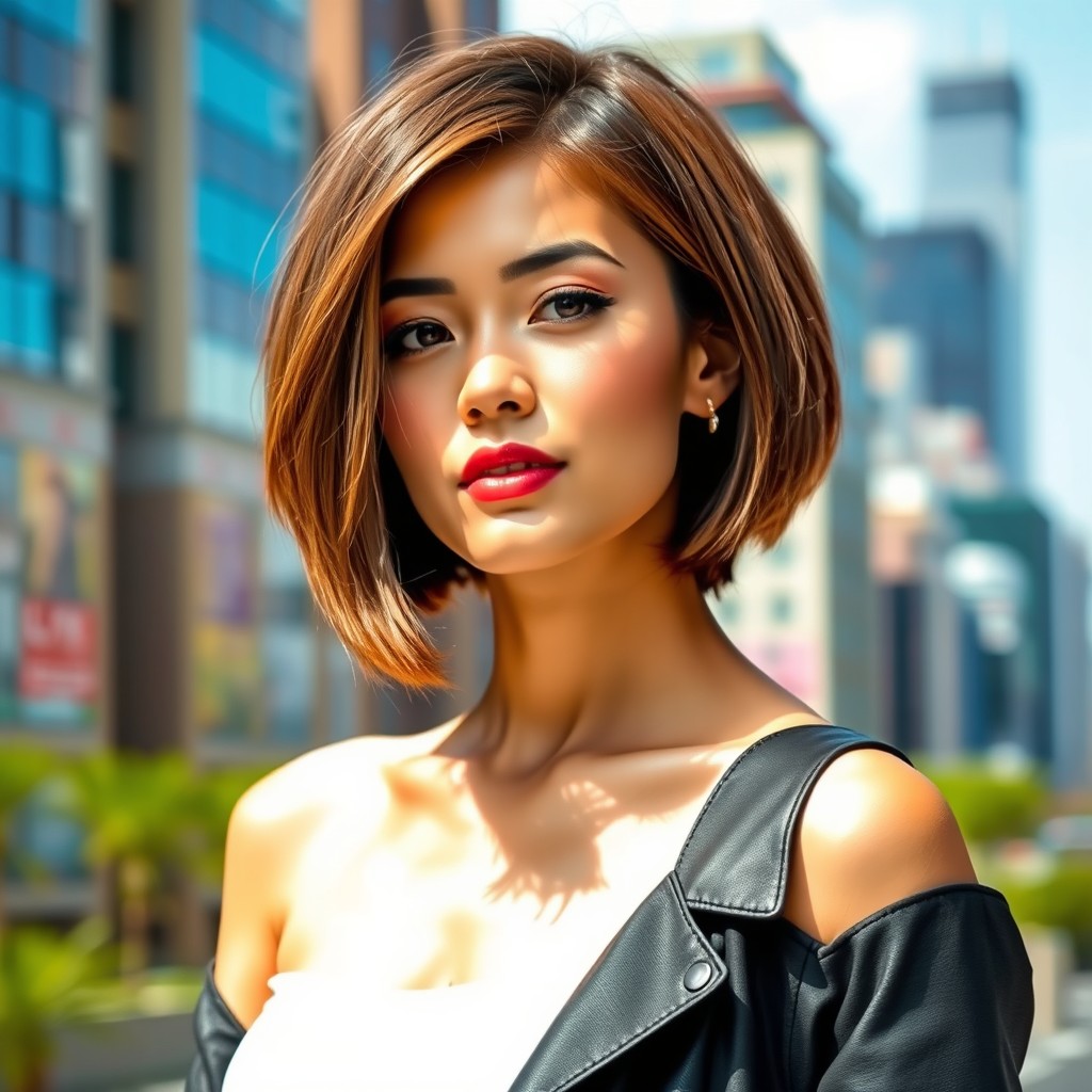 A stylish young woman with a chic bob haircut, exuding confidence and modern elegance