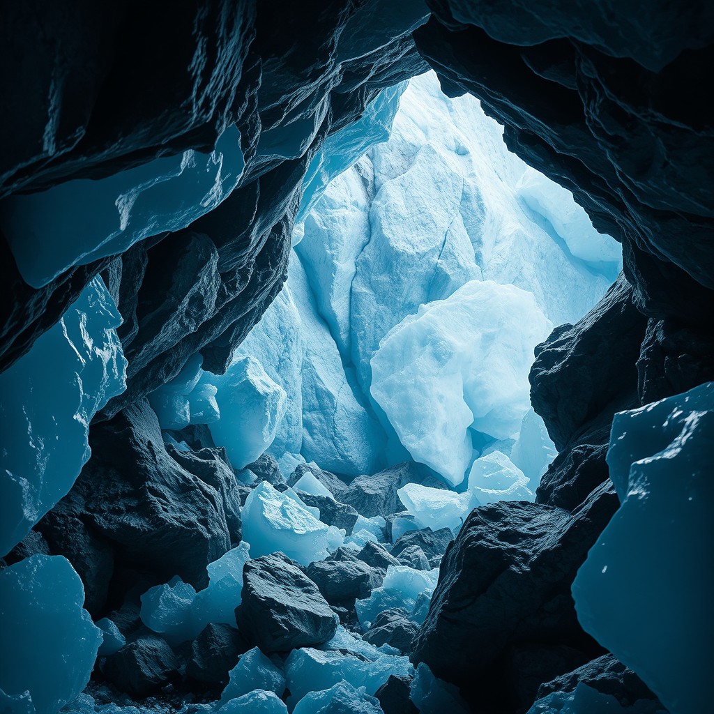 An abstract representation of a rocky cave entrance, surrounded by glistening ice formations, showcasing various shades of blue and white
