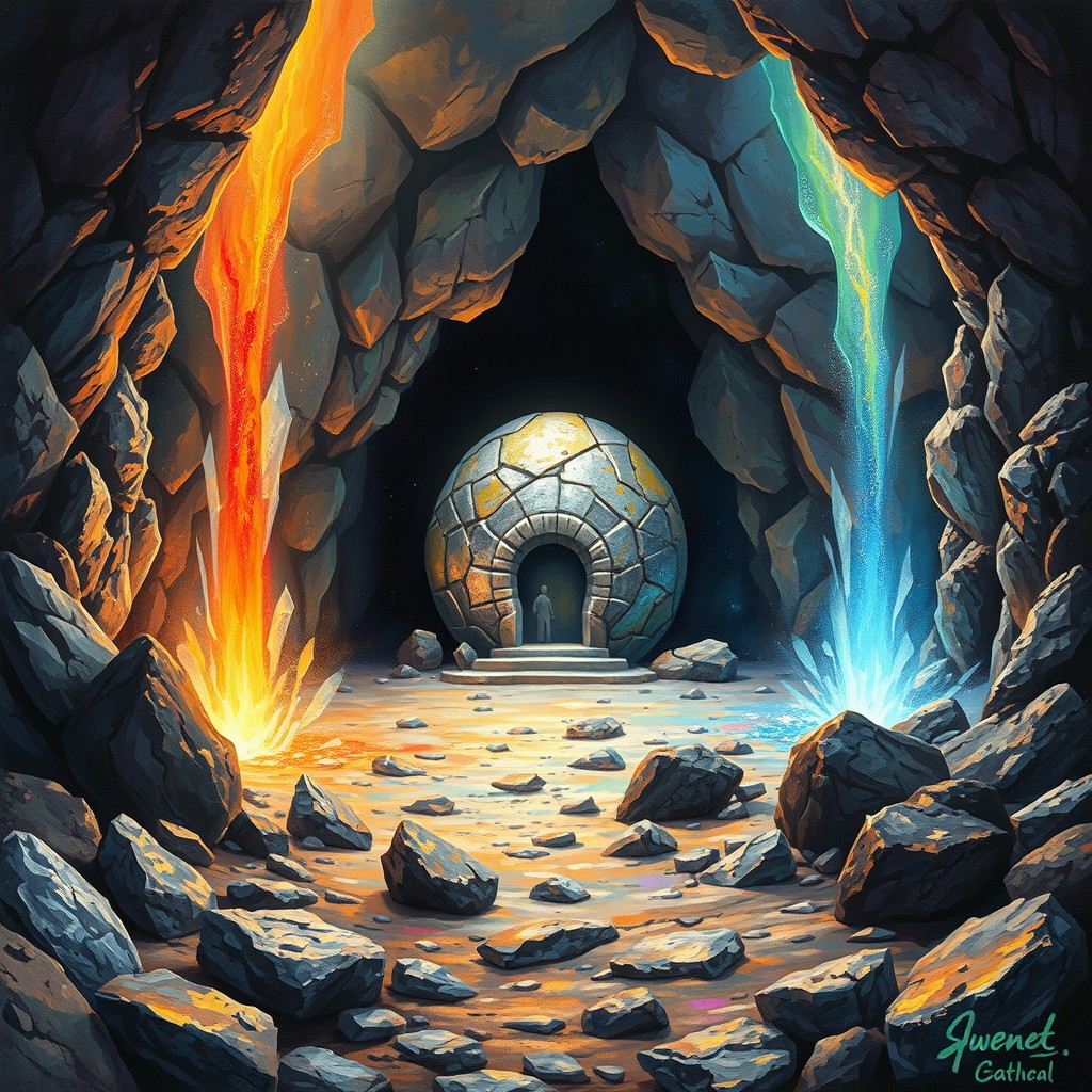 An abstract painting depicting a rocky cave environment showcasing an alien outpost at the center