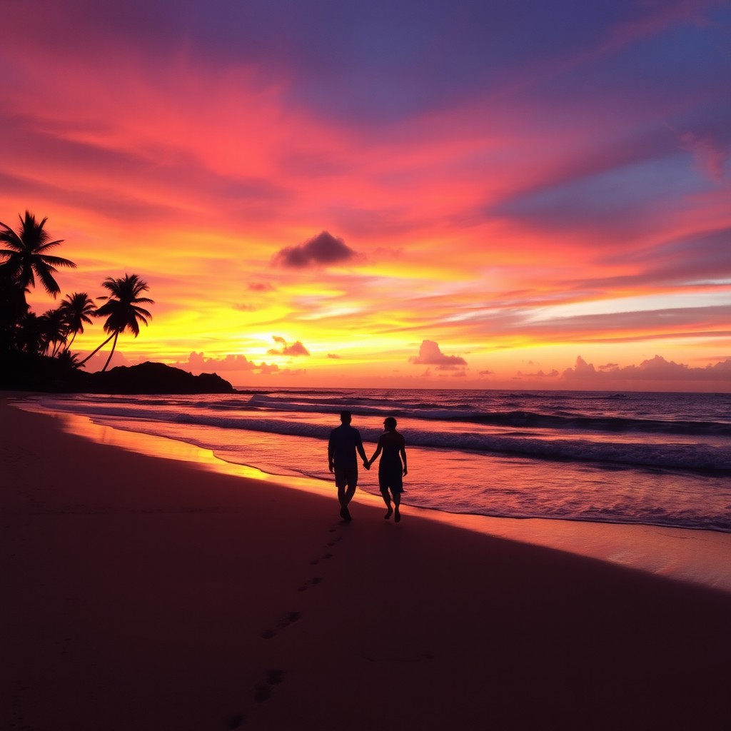 A picturesque sunset over a serene beach, with gentle waves lapping against the shore