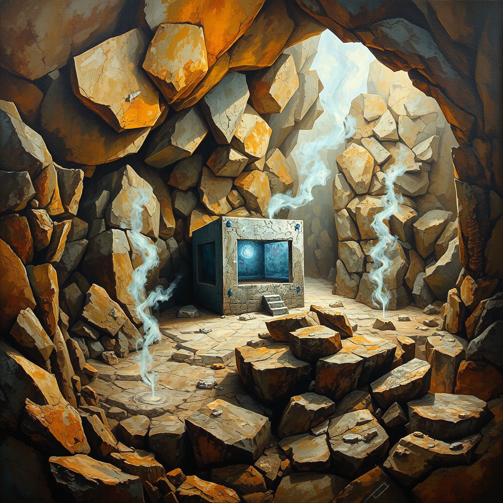 An abstract painting featuring a rocky cave with a central rectangular alien outpost