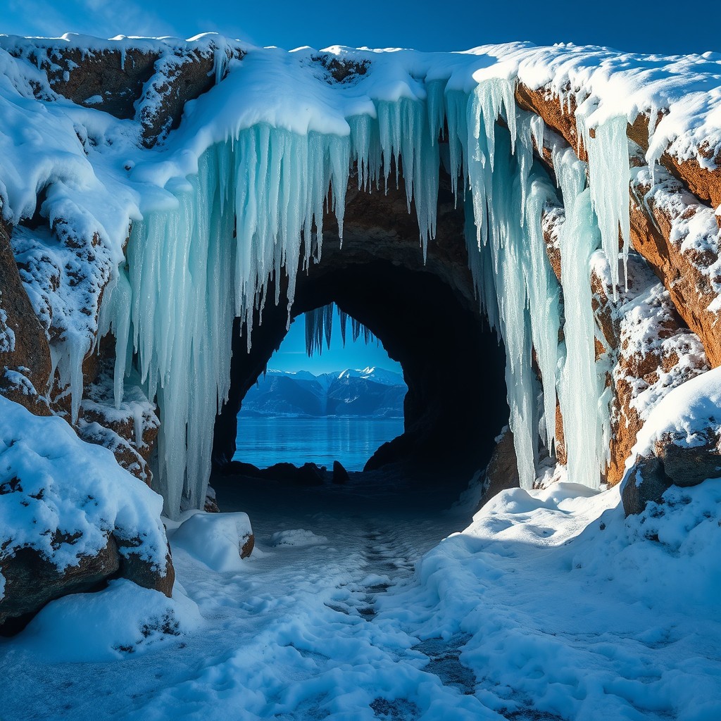 A mysterious cave entrance shrouded in ice, with glistening icicles hanging down and a soft bluish glow illuminating the dark interior