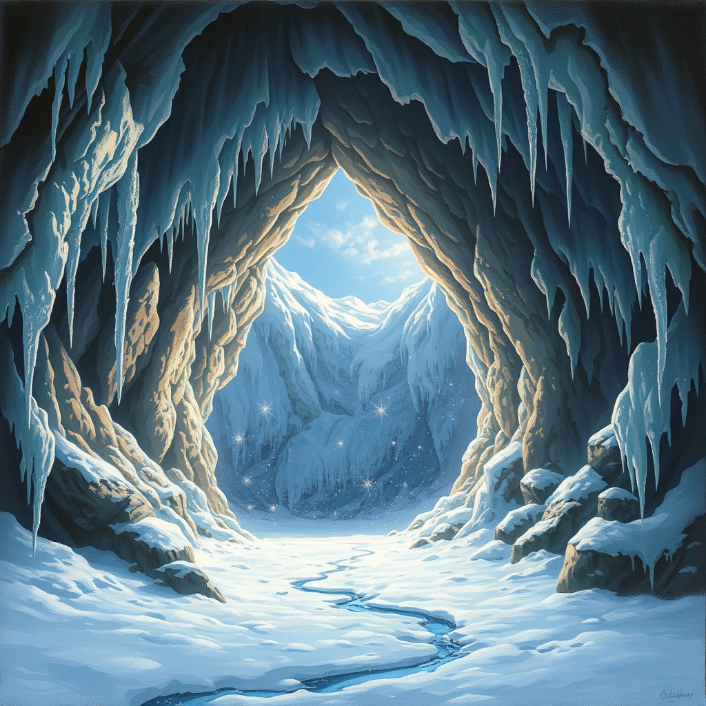 A stunning painting of a cave entrance surrounded by glistening ice formations, with intricate icicles hanging from the jagged edges of the cave
