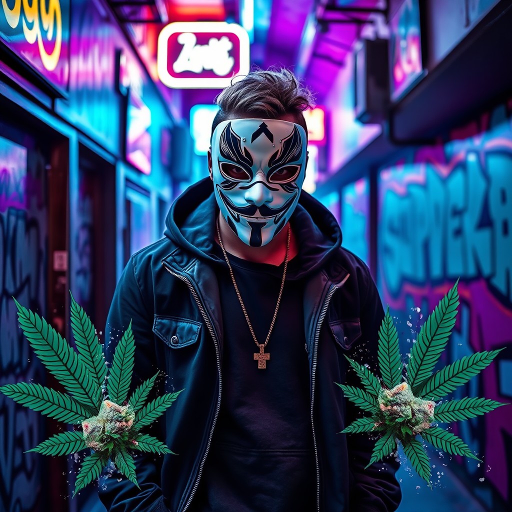 A mysterious Swedish man wearing a stylish mask, standing confidently in an urban setting that reflects a nightlife atmosphere