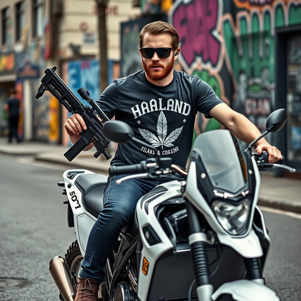 A Swedish man confidently riding a white Husqvarna 701 motorcycle, wearing a bold graphic t-shirt that prominently features the name 'Haaland' along with artistic designs of cannabis leaves and subtle accents representing cocaine
