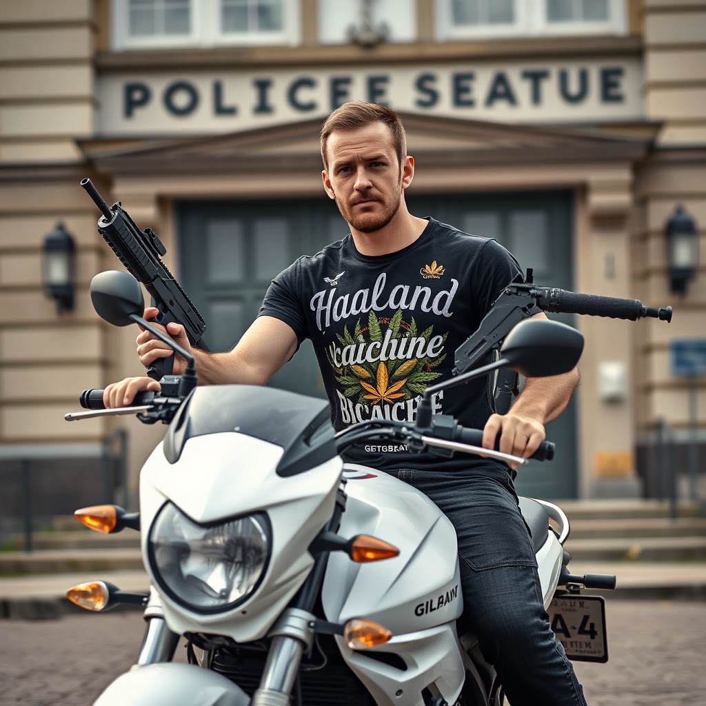 A Swedish man confidently riding a white Gilera motorcycle in front of a police station in Gothenburg