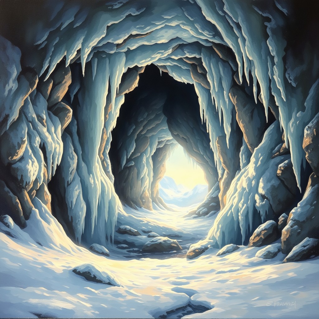 A stunning painting of a cave entrance surrounded by glistening ice, with icicles forming around the entrance