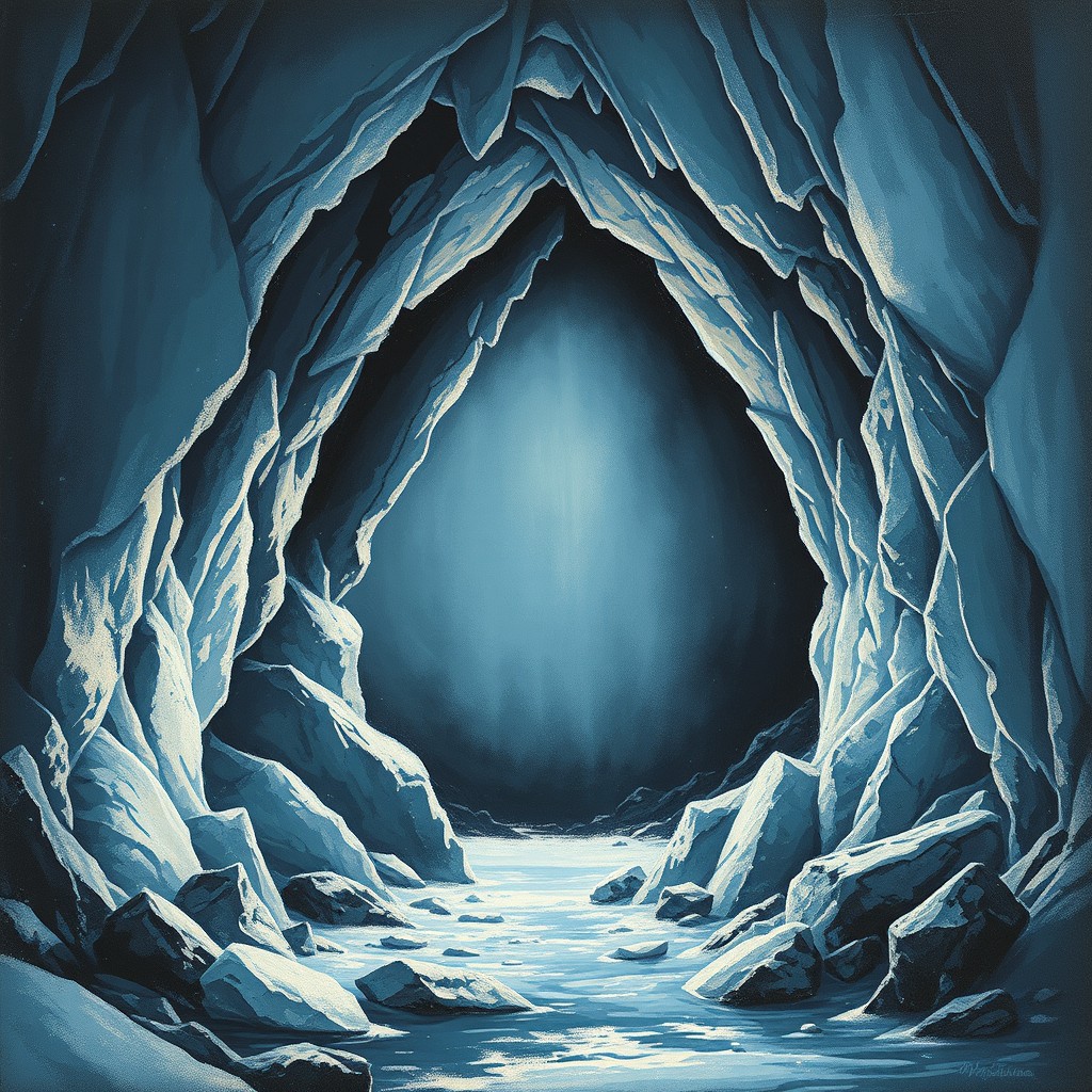 A captivating painting of a cave entrance surrounded by shimmering ice formations, creating a stark contrast with the dark interior of the cave