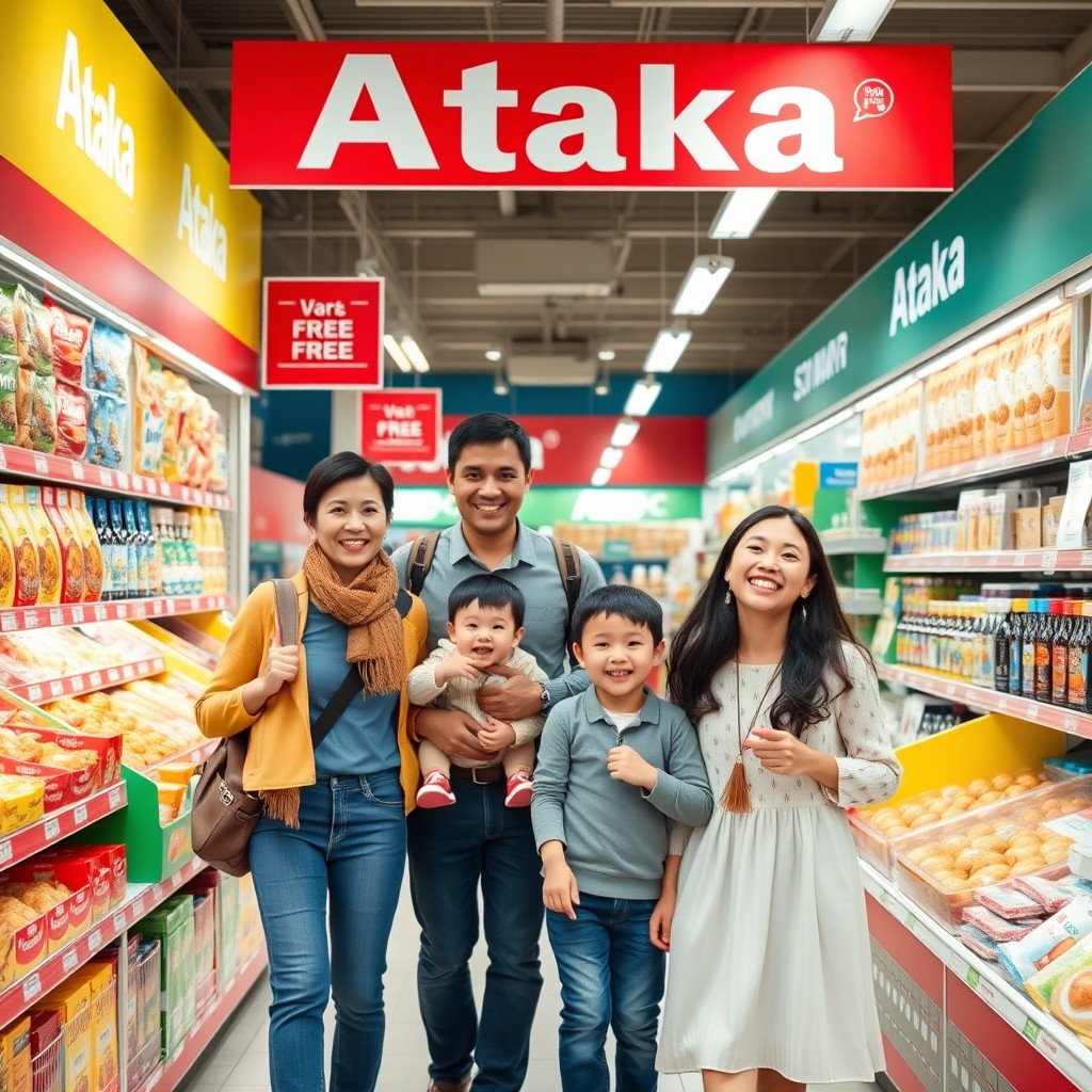A beautiful and vibrant scene inside an Ataka chain store showcasing a family shopping