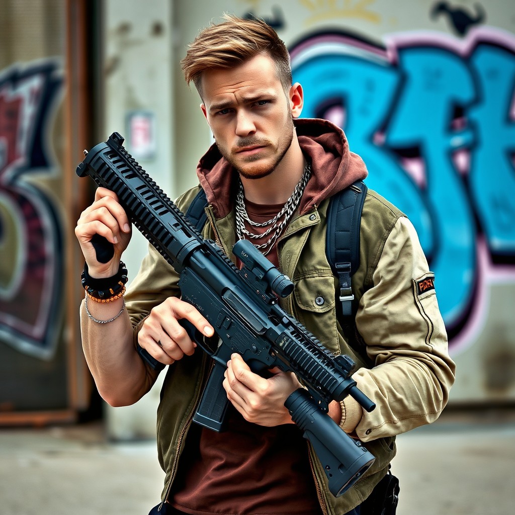 A Swedish man confidently holding a MAC-10 submachine gun, showcasing a strong and rebellious attitude