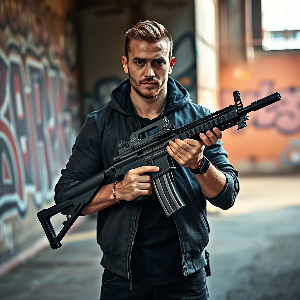 A Swedish man confidently holding a MAC-10 submachine gun, embodying a strong and fearless demeanor
