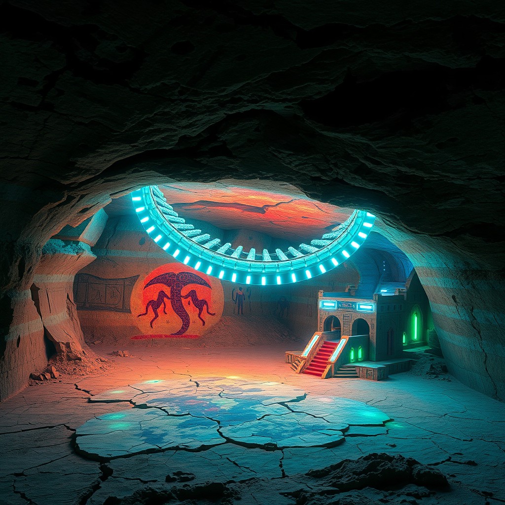A mesmerizing scene featuring a neon-lit double helix structure that beautifully intertwines and bridges an ancient cave painting, showcasing primitive art styles with vibrant colors
