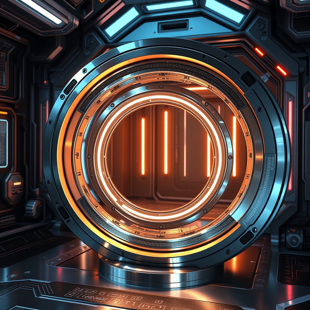 A detailed depiction of a futuristic metallic tri-ring gate technology, featuring three interlocking rings designed for advanced magnetization