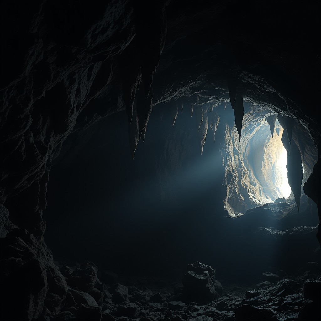 A mysterious cave system with intricate rock formations, deep shadows and an ethereal glow emerging from behind the camera, illuminating the textured surfaces of the cave walls