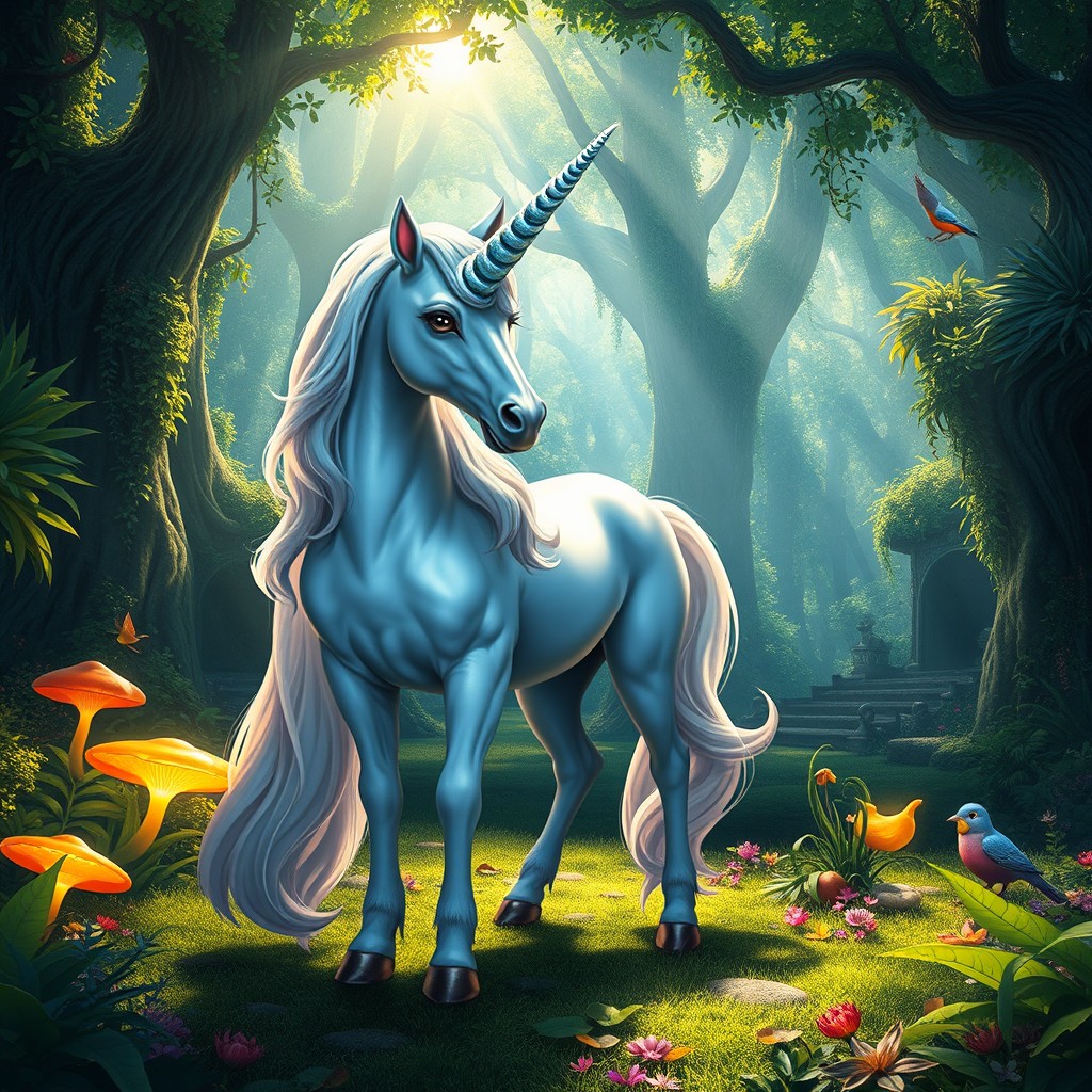 A mystical unicorn standing elegantly in a vibrant fantasy forest, surrounded by lush greenery and fantastical plants