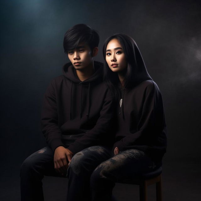 A 19-year-old man with black hair in a casual black t-shirt and an 18-year-old woman in traditional black Indonesian hoodie clothing, sitting and embracing each other on a soft chair, with a black background featuring dim backlighting and smoke particles for a realistic, original portrayal.