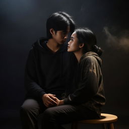 A 19-year-old man with black hair in a casual black t-shirt and an 18-year-old woman in traditional black Indonesian hoodie clothing, sitting and embracing each other on a soft chair, with a black background featuring dim backlighting and smoke particles for a realistic, original portrayal.