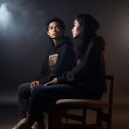 A 19-year-old man with black hair in a casual black t-shirt and an 18-year-old woman in traditional black Indonesian hoodie clothing, sitting and embracing each other on a soft chair, with a black background featuring dim backlighting and smoke particles for a realistic, original portrayal.