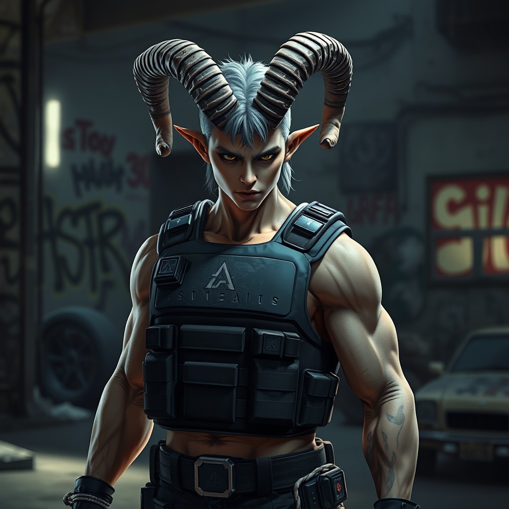 A character wearing a sleek bulletproof vest with tactical details, displaying a strong and confident posture