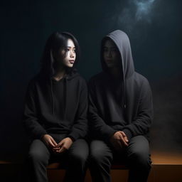 A 19-year-old man with black hair in a casual black t-shirt and an 18-year-old woman in traditional black Indonesian hoodie clothing, sitting and embracing each other on a soft chair, with a black background featuring dim backlighting and smoke particles for a realistic, original portrayal.