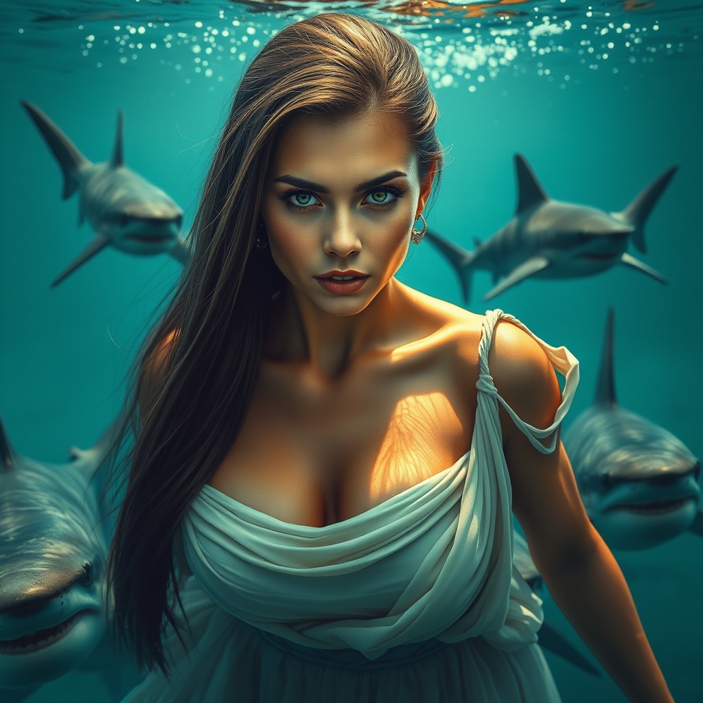 A beautiful, powerful woman with a serious expression and a confident gaze, emerging from the ocean