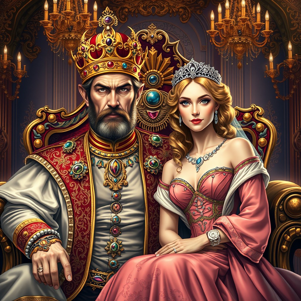 A detailed and vibrant portrait of a notorious king and queen, seated on an elaborate throne adorned with jewels and intricate designs