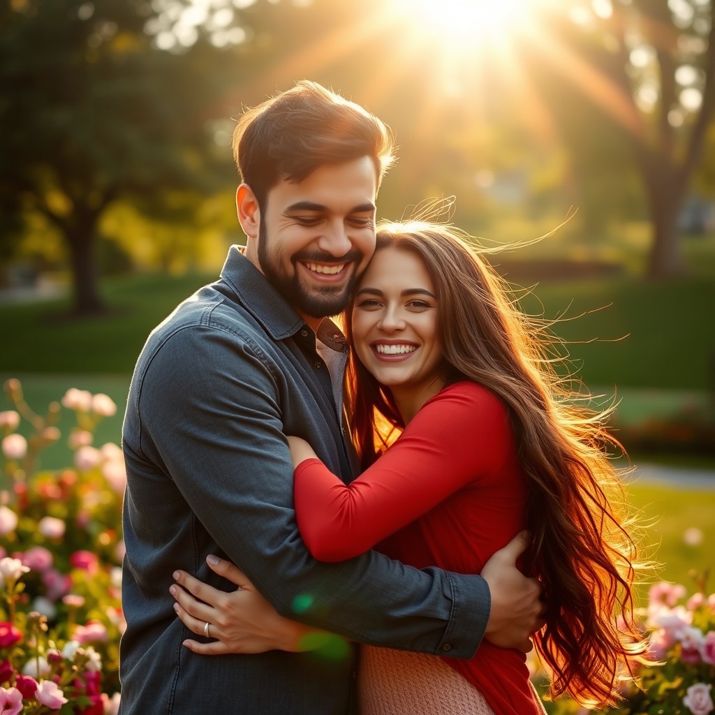 A warm, tender moment between two people embracing each other in a beautiful outdoor setting