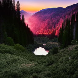 A vivid pink sunrise over an alpine valley, with dense tree cover and a glass-like river that reflects the emerging sunlight perfectly.