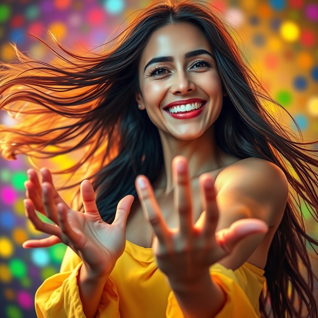 A dynamic portrait of a person with flowing long hair, actively moving their hands in an expressive manner