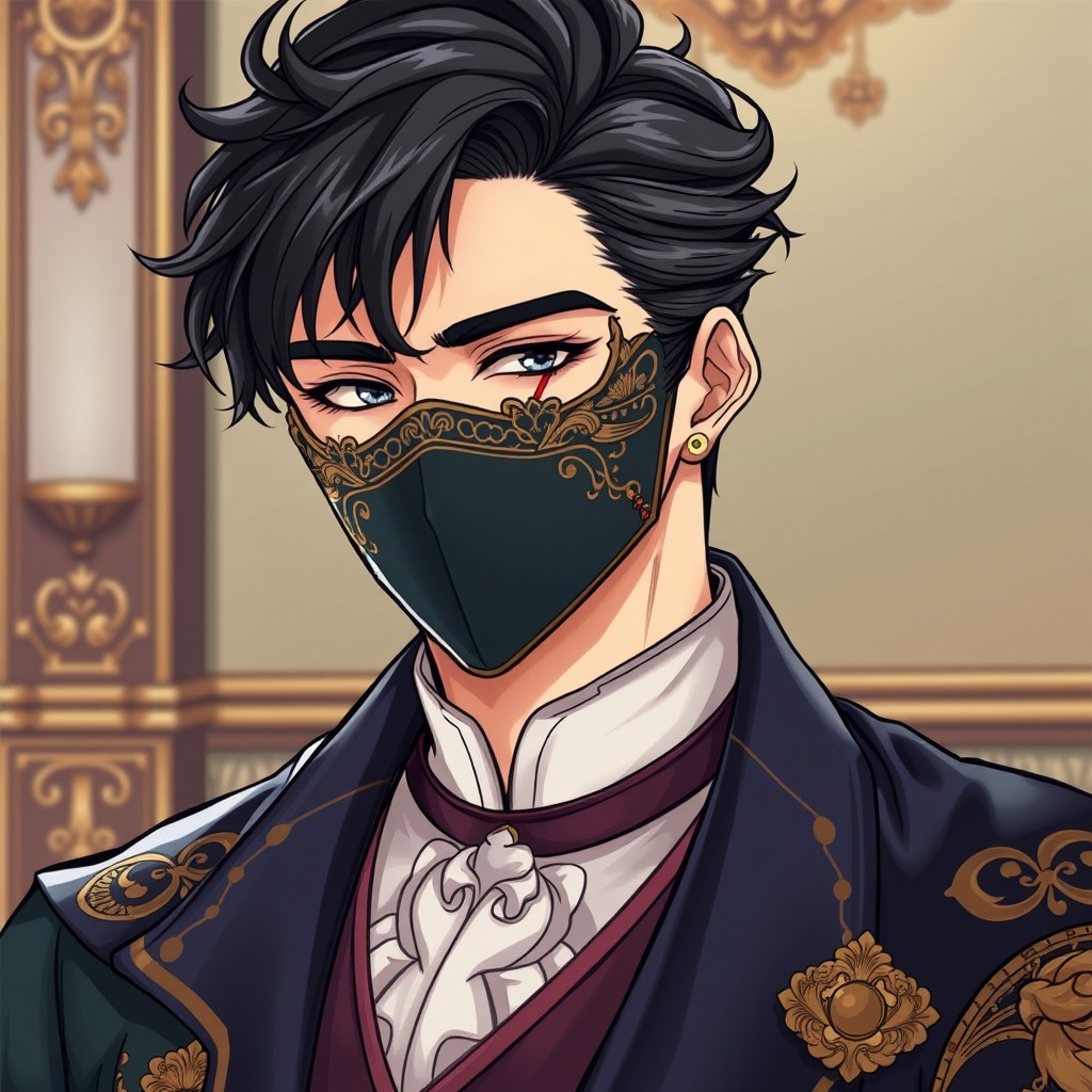 A stylish manhwa image of a man with black hair, dressed in elegant royal attire, wearing an intricate masquerade mask