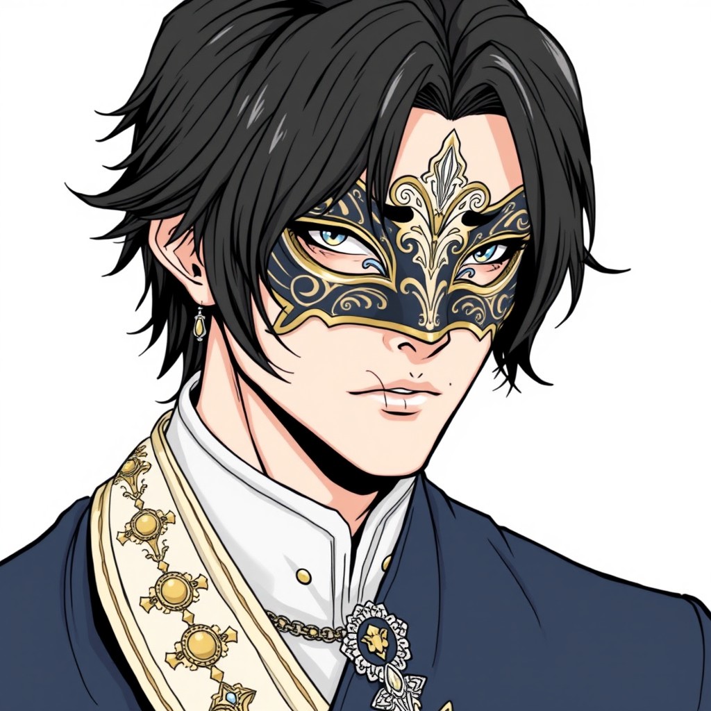 A handsome man with black hair dressed in elegant royal attire, wearing an intricately designed masquerade mask that covers only his eyes