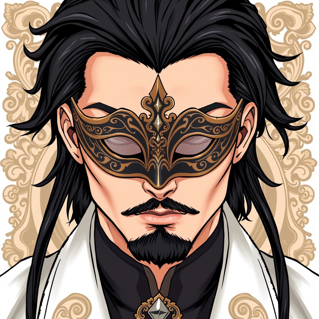 A striking man with jet black hair, elegantly dressed in royal attire, features a beautifully intricate masquerade mask that covers his eyes