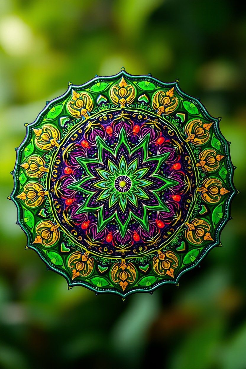 An intricate and colorful mandala symbolizing growth and transformation, featuring vibrant patterns and shapes that represent blooming flowers, rising suns, and spiraling vines, all radiating energy and positivity