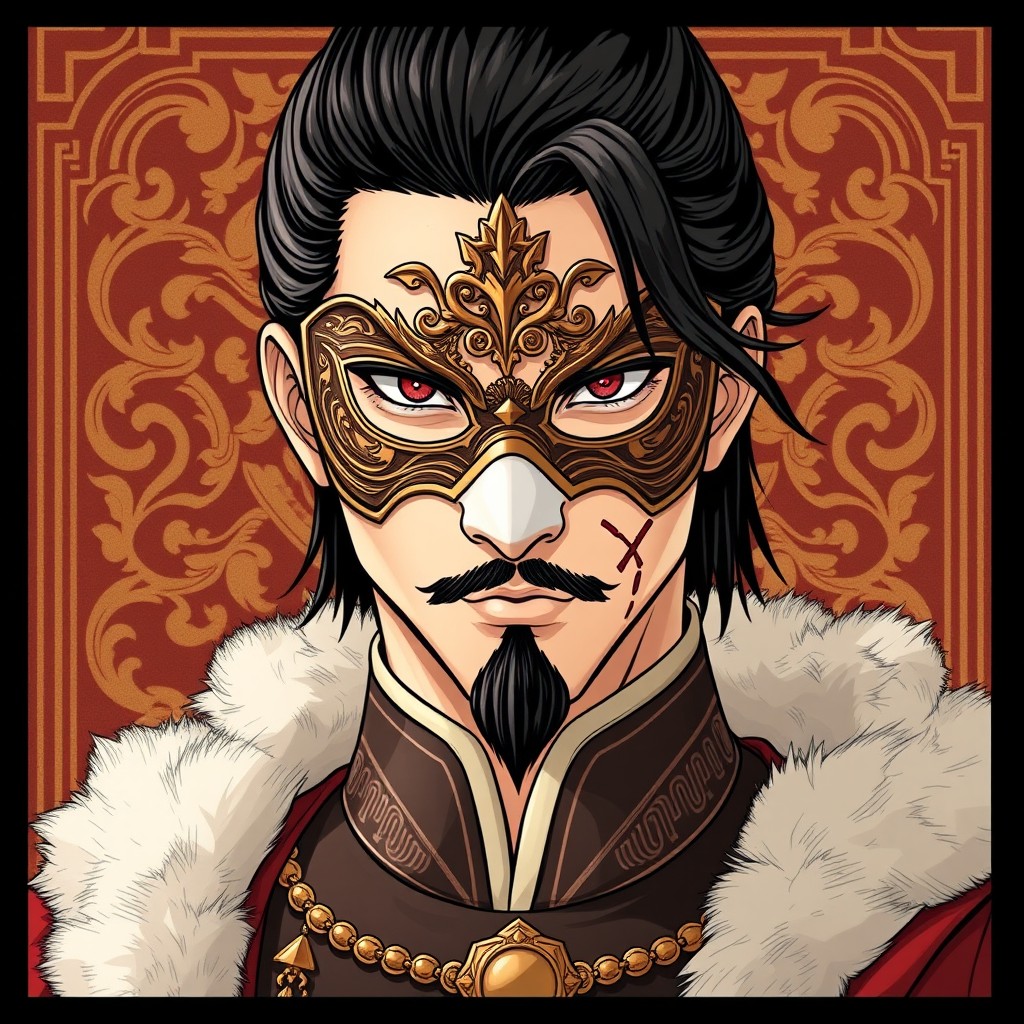 A regal man with sleek black hair dressed in luxurious royal attire, featuring an intricate masquerade mask that covers only his eyes
