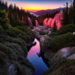 A vivid pink sunrise over an alpine valley, with dense tree cover and a glass-like river that reflects the emerging sunlight perfectly.