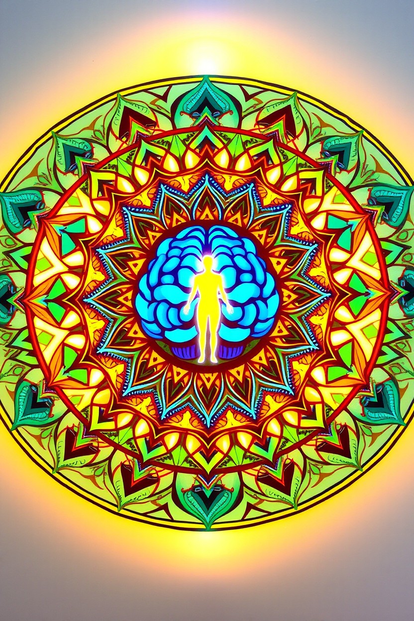 A vivid and intricate mandala design representing the connection between mind, body, and emotions
