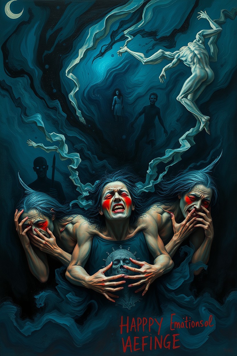 A surreal artistic representation of paralyzing emotions, such as fear, anxiety, and sadness, depicted through abstract shapes and colors