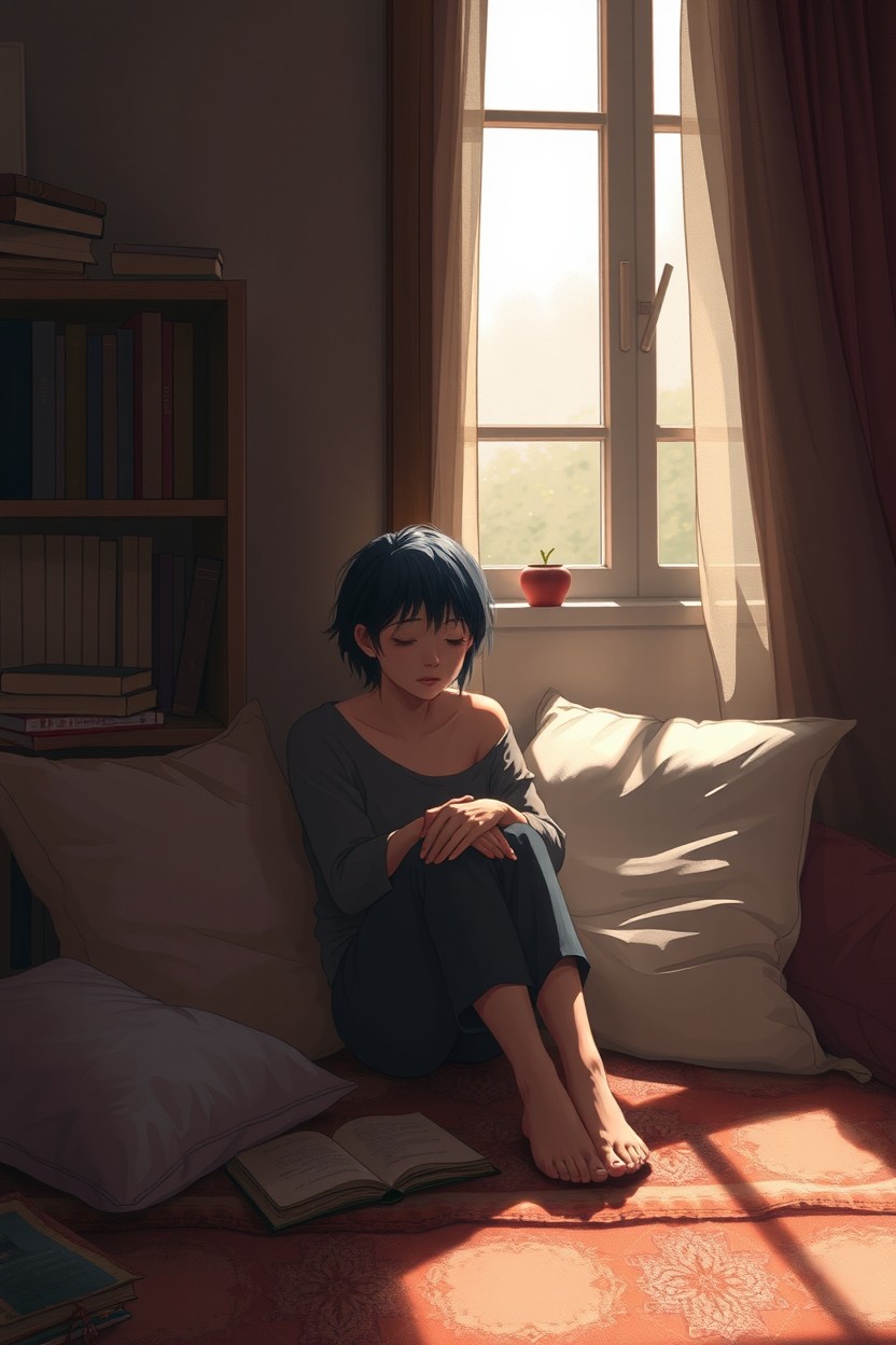 A cozy, introspective scene depicting a person sitting alone in a dimly lit room, surrounded by books and soft pillows