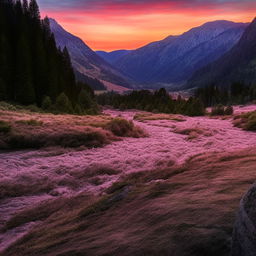 A vivid pink sunrise over an alpine valley, with dense tree cover and a glass-like river that reflects the emerging sunlight perfectly.